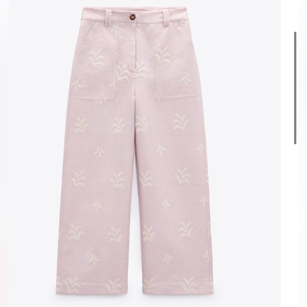 ZARA EMBROIDERED LINEN BLEND PANTS - Picture 9 of 11